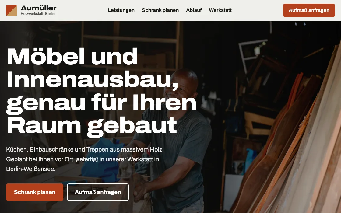 Bildschirmfoto der Startansicht von Holzwerkstatt Aumüller