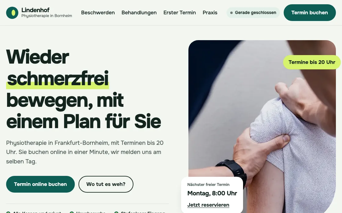 Bildschirmfoto der Startansicht von Physiotherapie Lindenhof