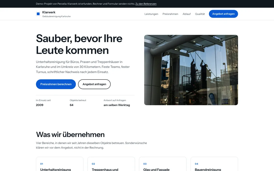 Bildschirmfoto der Startansicht von Klarwerk Gebäudereinigung