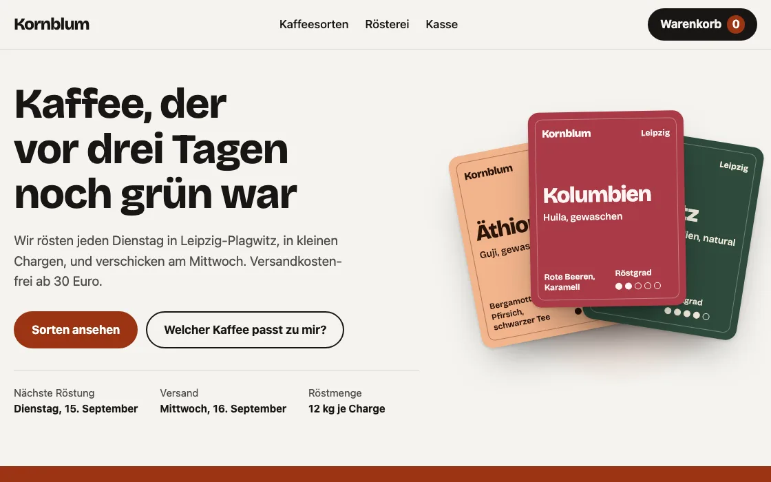 Bildschirmfoto der Startansicht von Rösterei Kornblum